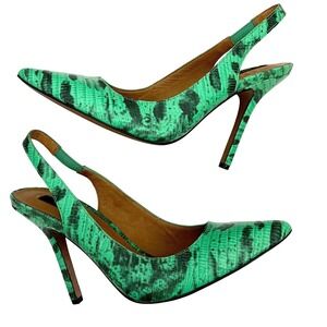 Ann Taylor Slingback Heels Pointed Toe Pumps Green‎ Snake Print 7.5M